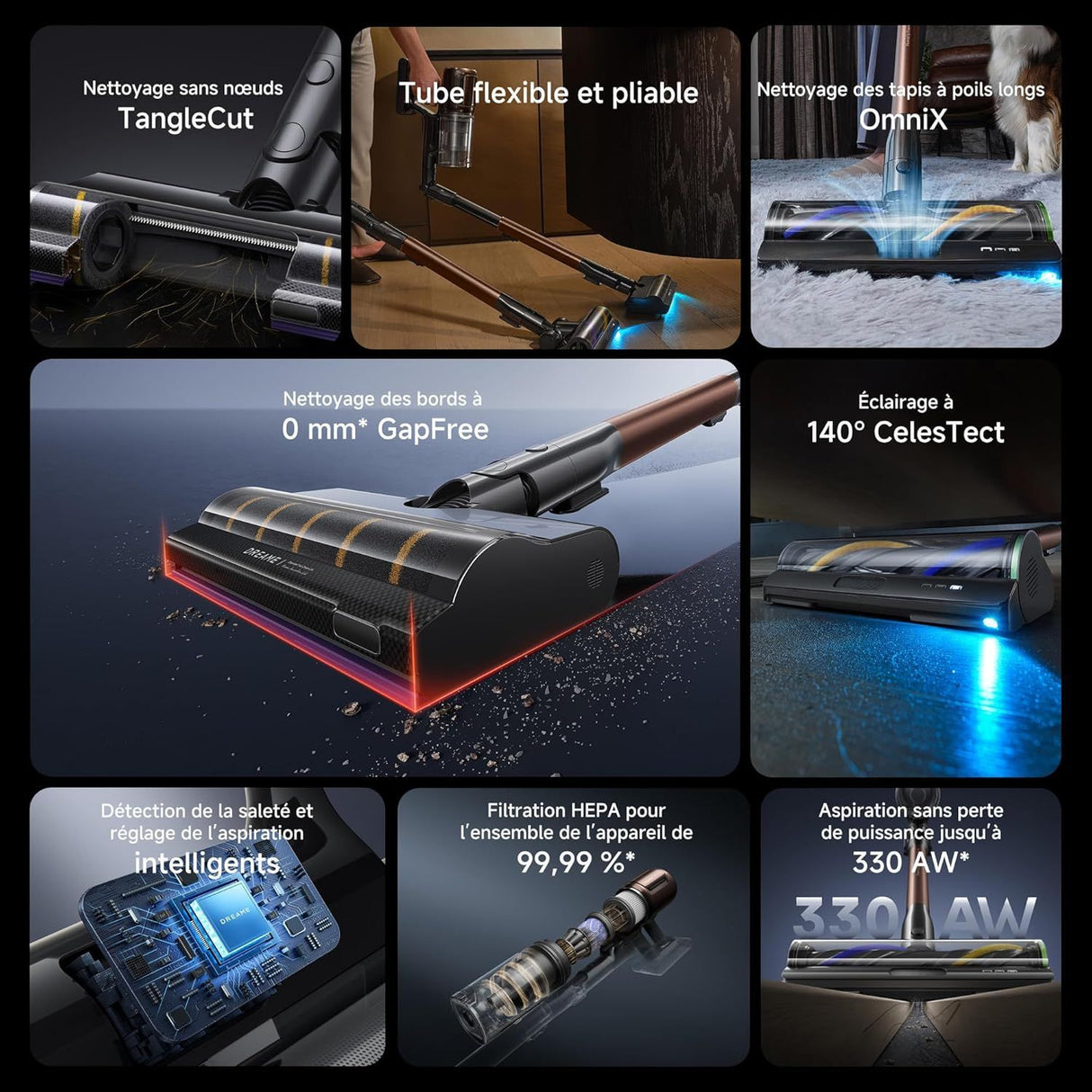 DREAME V30 - Aspirateur Balai sans Fil - Nettoyage des Bords a 0 mm - Puissance 330 AW - Filtration a 99,99%