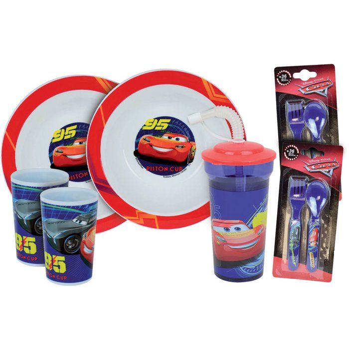 Lot vaisselle - FUN HOUSE - DISNEY CARS - 2 Verres, 2 Assiettes creuses Ř16 cm, 2 lots de couverts, Gobelet paille