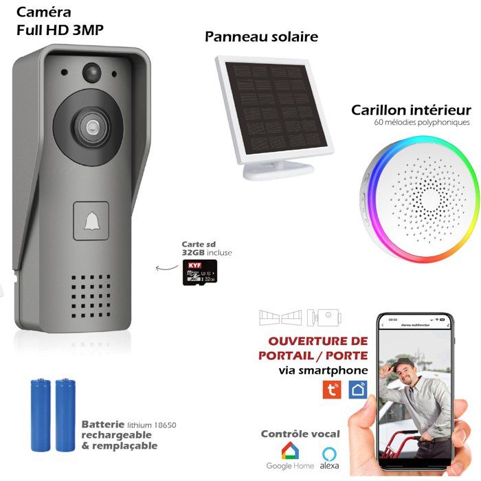 Portier Vidéo - KYF - Wifi - Rechargeable avec panneau solaire - Carillon intérieur et Carte SD 16Go