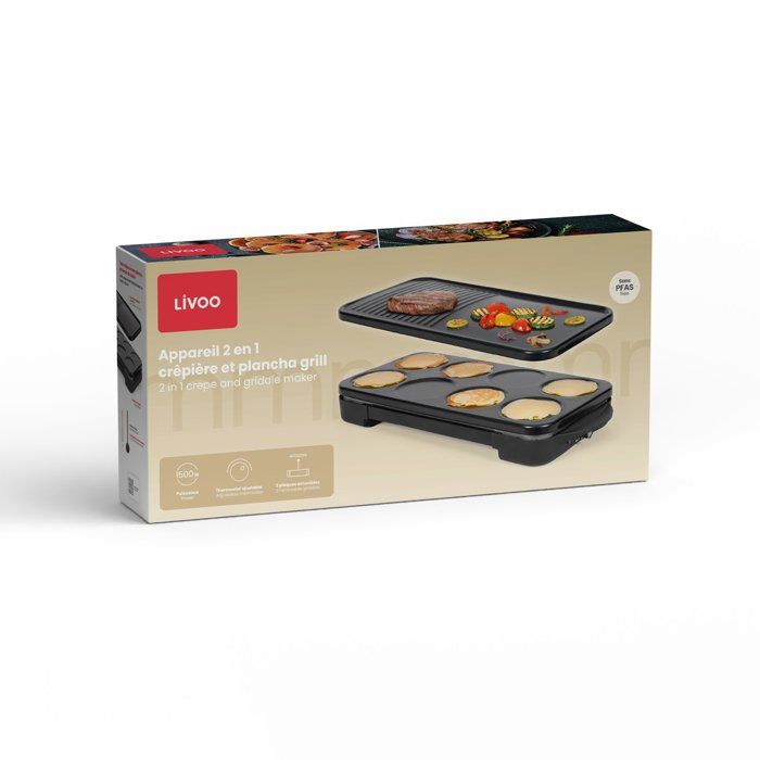Appareil 2-en-1 crepiere et plancha grill - LIVOO - DOC349N - 1500 W - 8 mini crepes Ø 11,5 cm - Sans PFAS - Noir
