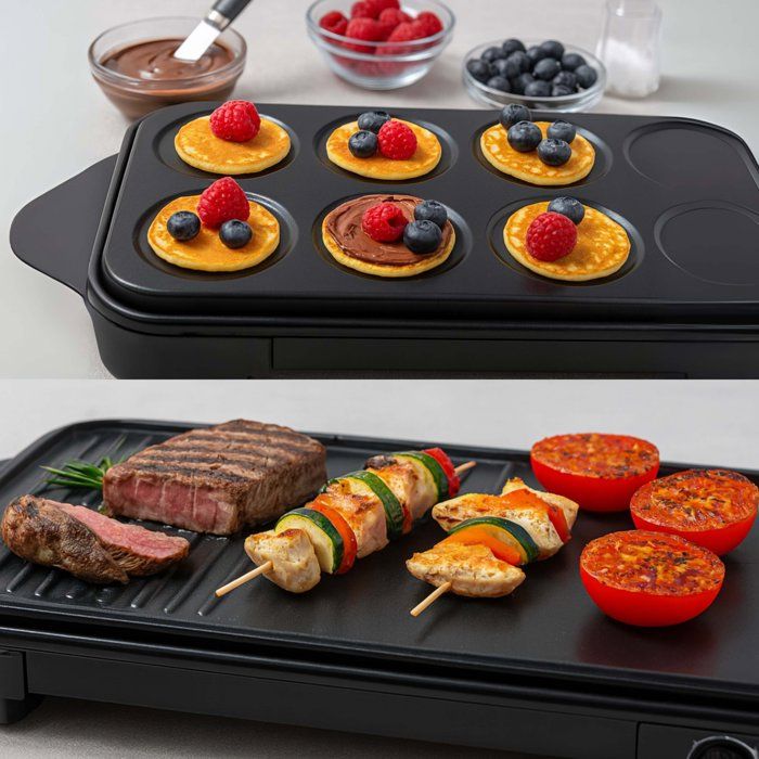 Appareil 2-en-1 crepiere et plancha grill - LIVOO - DOC349N - 1500 W - 8 mini crepes Ř 11,5 cm - Sans PFAS - Noir