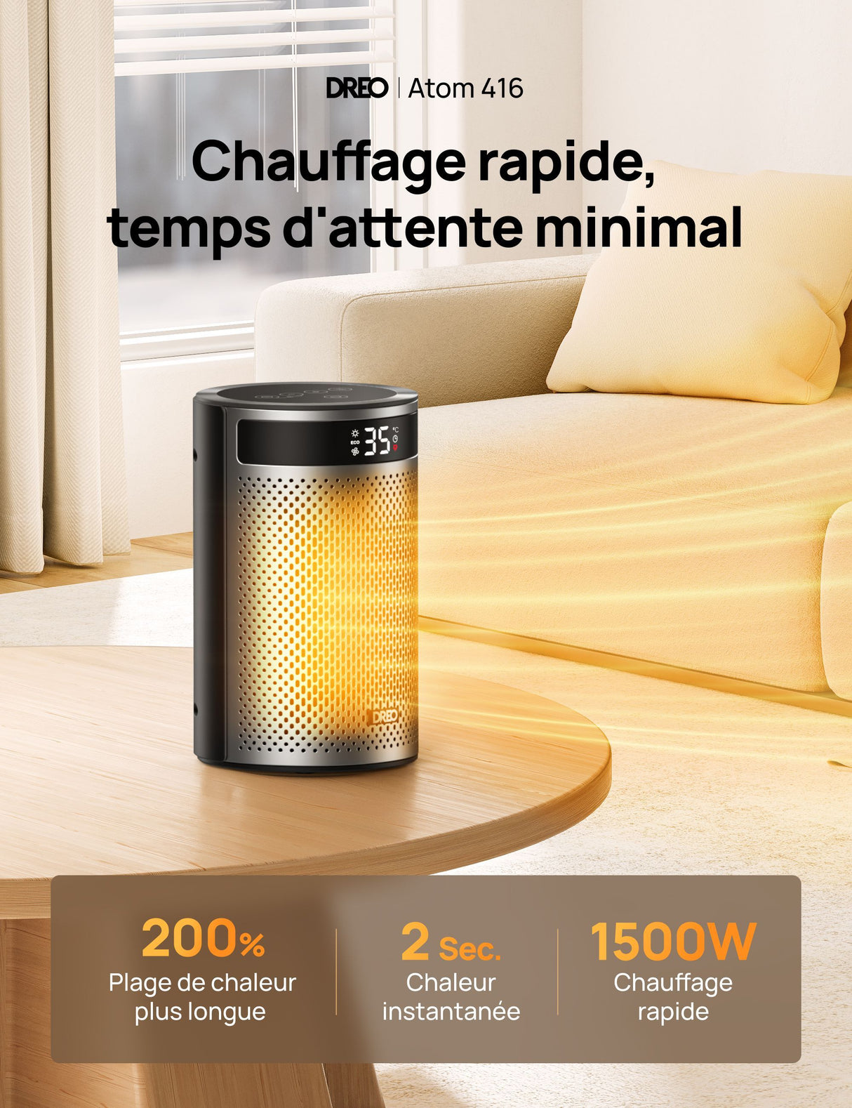 Chauffage d'appoint - Hyper-céramique - 1500 W - Dreo - Atom 416 - Colonne - Noir
