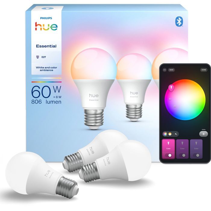 Pack de 3 ampoules LED connectées A60 - PHILIPS HUE - Lumiere blanche et colorée - Culot E27 - 8 W - 2200-6500K - 806 lumens