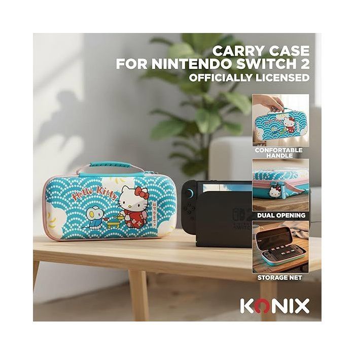Housse de protection et transport console - Nintendo Switch 2 - Konixt Hello Kitty - Filet rangement accessoires - Motif thé - Bleu