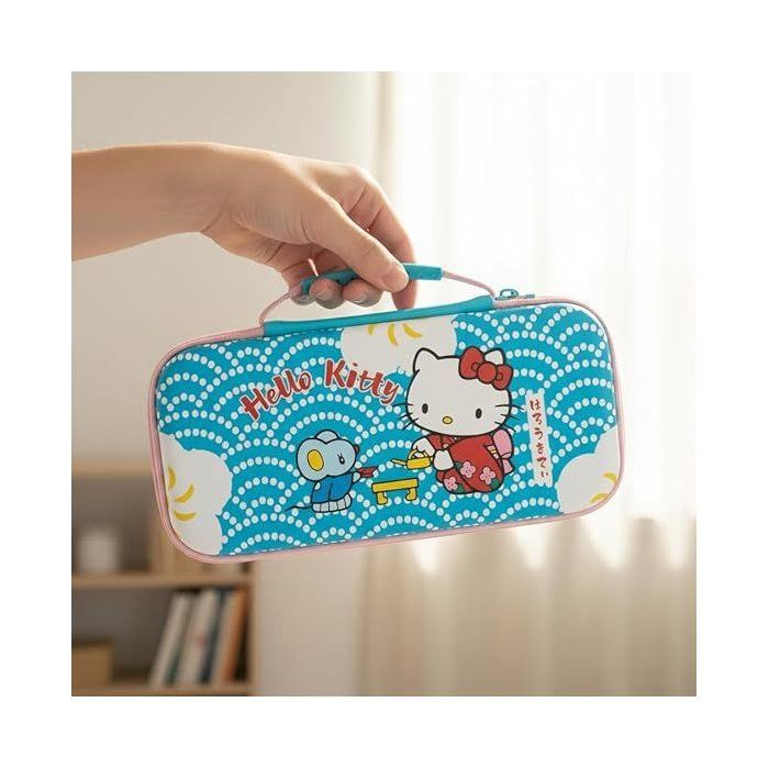 Housse de protection et transport console - Nintendo Switch 2 - Konixt Hello Kitty - Filet rangement accessoires - Motif thé - Bleu