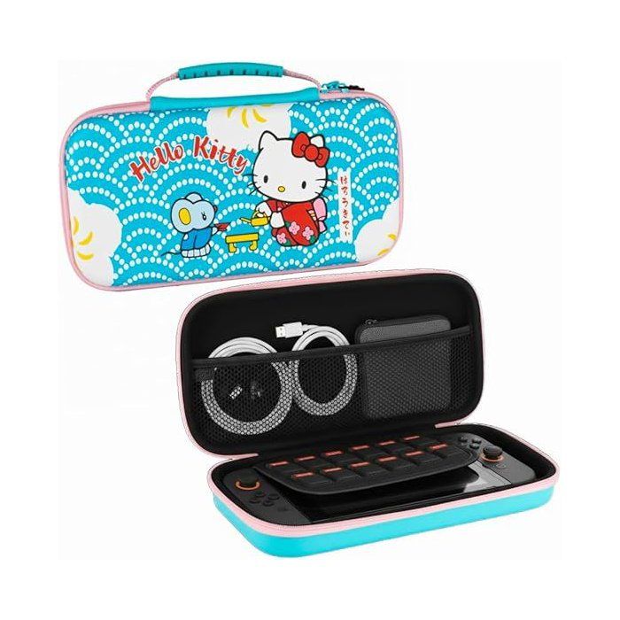 Housse de protection et transport console - Nintendo Switch 2 - Konixt Hello Kitty - Filet rangement accessoires - Motif thé - Bleu