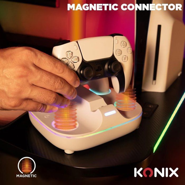 Station de rechargement pour 2 manettes DualSense - PS5 - Konix - Charge rapide - Connecteurs magnétiques - Blanc