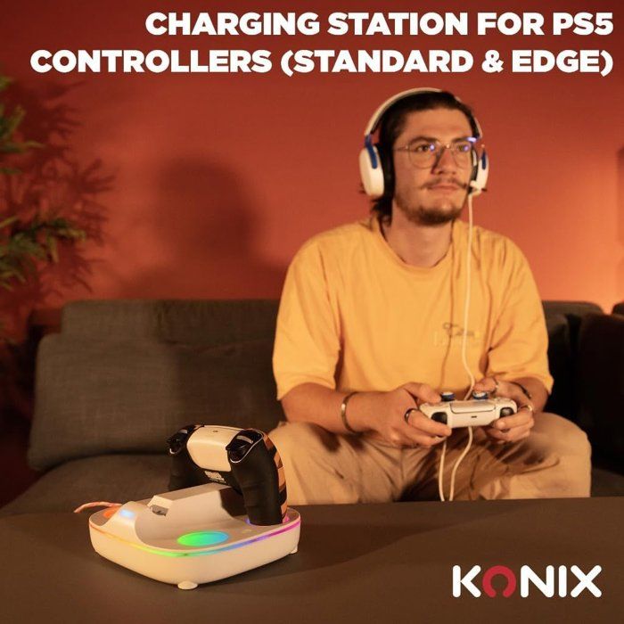 Station de rechargement pour 2 manettes DualSense - PS5 - Konix - Charge rapide - Connecteurs magnétiques - Blanc