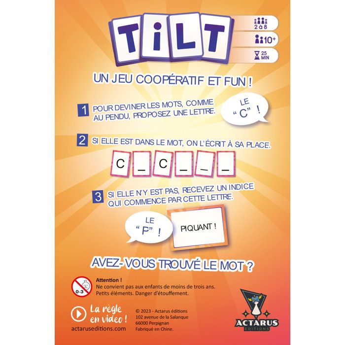 ACTARUS - Tilt- Jeu de société coopératif - Ambiance - Mots a deviner - Des 10 ans - 2 a 8 joueurs - 25 min