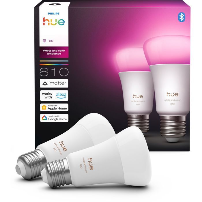 Pack de 2 ampoules LED connectées A60 - PHILIPS HUE - Lumiere blanche et colorée - Culot E27 - 6W - 1000-2000k - 810 lumens