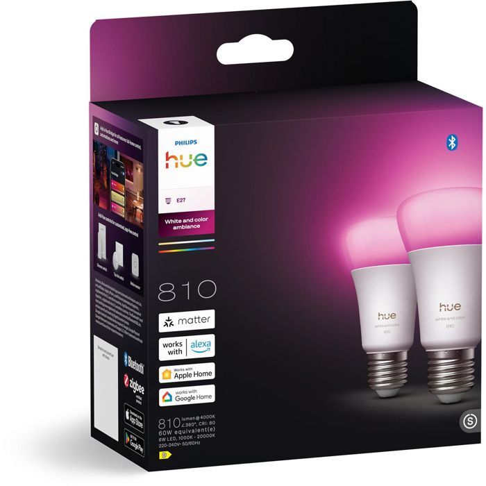 Pack de 2 ampoules LED connectées A60 - PHILIPS HUE - Lumiere blanche et colorée - Culot E27 - 6W - 1000-2000k - 810 lumens