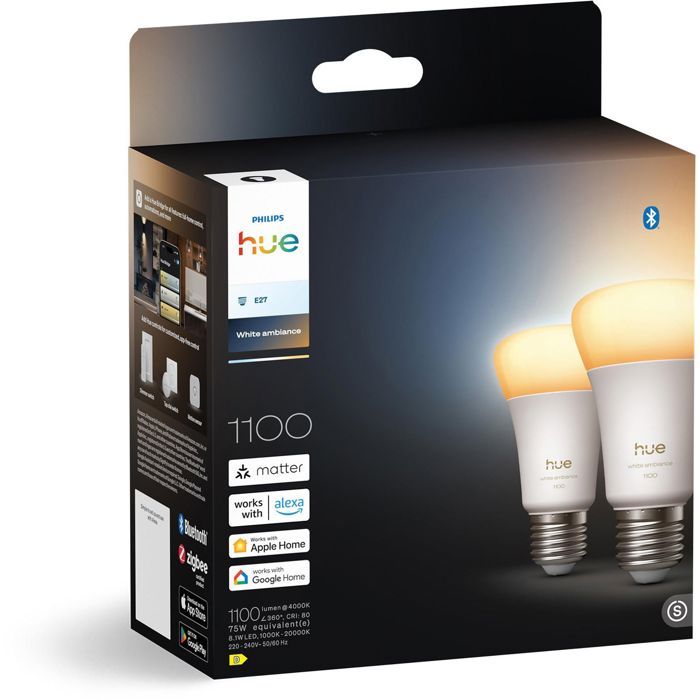 Pack de 2 ampoules LED connectées A60 - PHILIPS HUE - Lumiere blanche chaude - Culot E27 - 8,1W - 1000-2000k - 1100 lumens