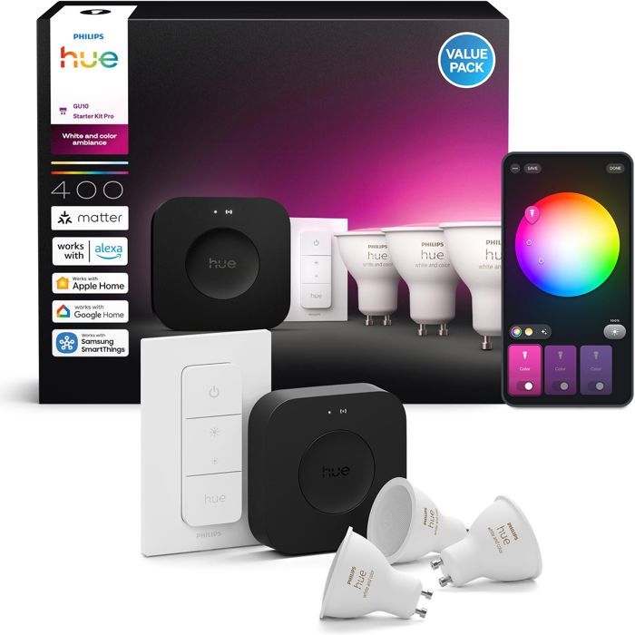 Kit de démarrage - PHILIPS HUE - Lumiere blanche et ambiance colorée - 1 Bridge Pro + 3 3 spots GU10 400 lumens + 1 dimmer switch