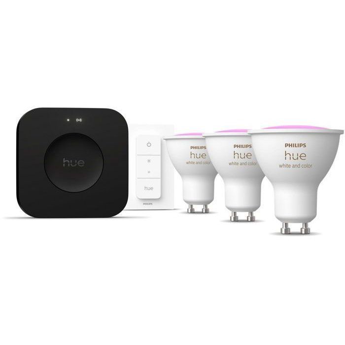 Kit de démarrage - PHILIPS HUE - Lumiere blanche et ambiance colorée - 1 Bridge Pro + 3 3 spots GU10 400 lumens + 1 dimmer switch