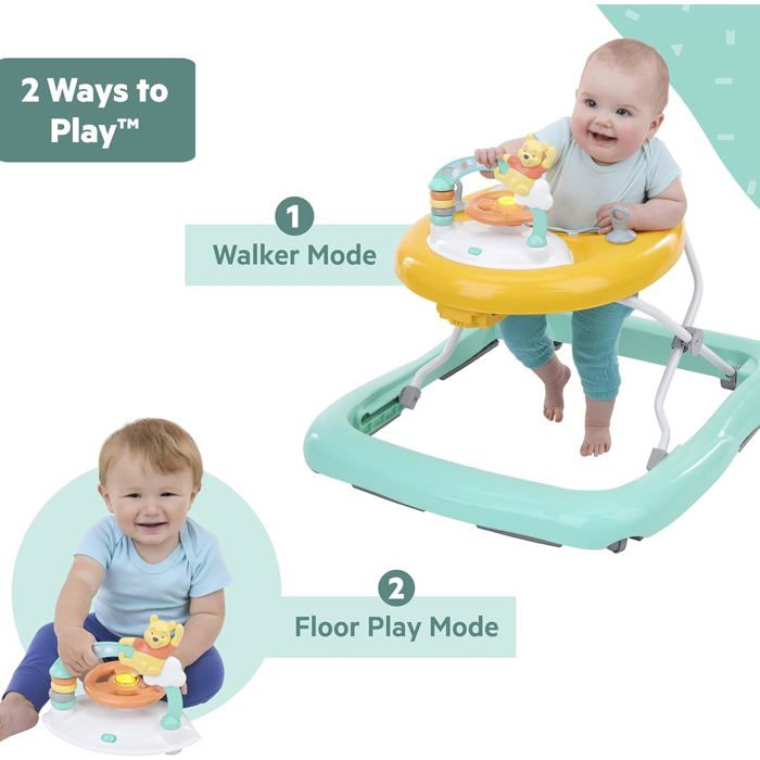 DISNEY BABY -WINNIE- Trotteur bébé évolutif et pliable 2-en-1, Jouet d'éveil amovible intégré, Musique, Lumieres, Hauteur Réglable