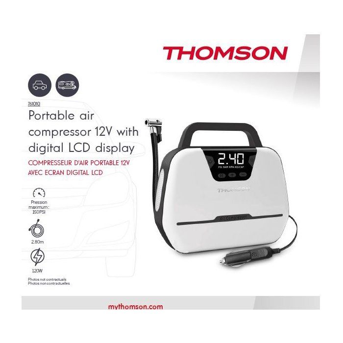Compresseur d'air - THOMSON - 12V - Ecran digital LCD - Lampe de travail intégrée - Pression maximale 150PSA