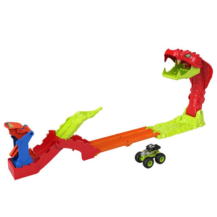 Coffret Monster Trucks - JJN44 - Bone Shaker inclus - 4 pistes 15 cm - Lanceur et éléments repositionnables