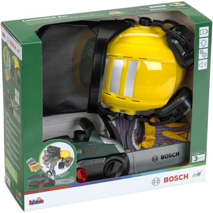Set bűcheron Bosch - KLEIN - 8197 - Tronçonneuse électronique, casque avec visiere et gants - Jouet d'imitation - Des 3 ans