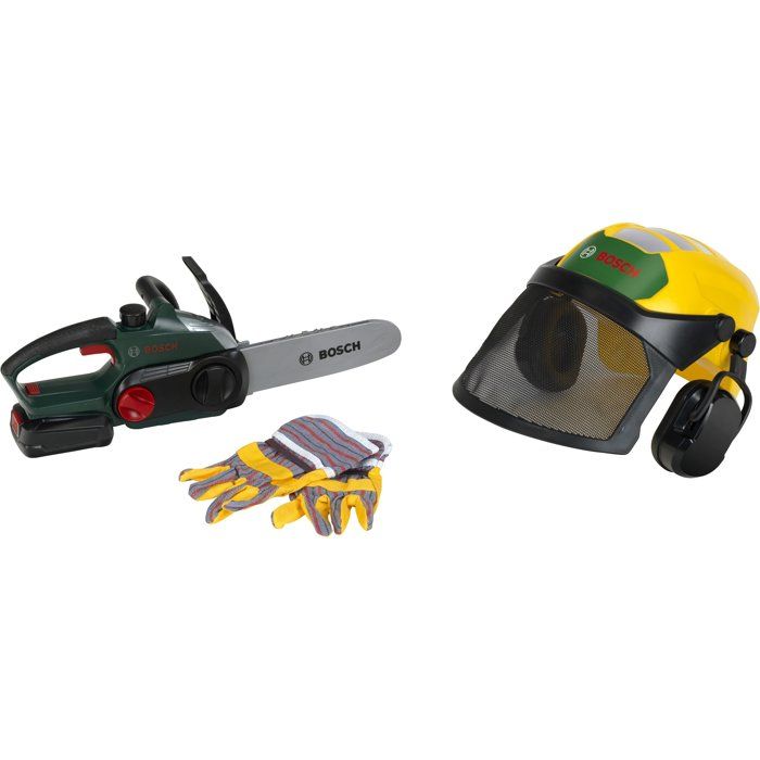 Set bűcheron Bosch - KLEIN - 8197 - Tronçonneuse électronique, casque avec visiere et gants - Jouet d'imitation - Des 3 ans