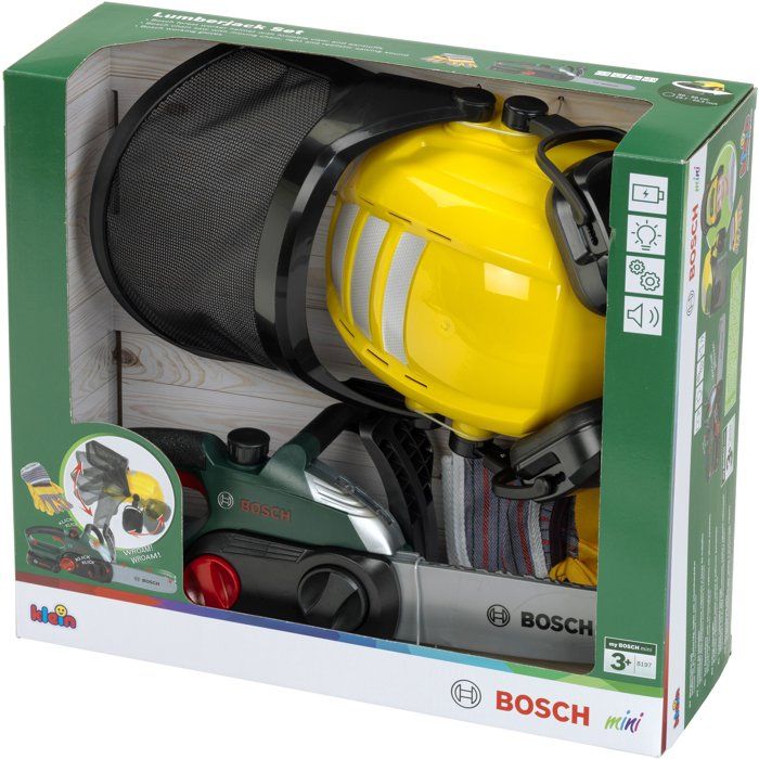 Set bűcheron Bosch - KLEIN - 8197 - Tronçonneuse électronique, casque avec visiere et gants - Jouet d'imitation - Des 3 ans