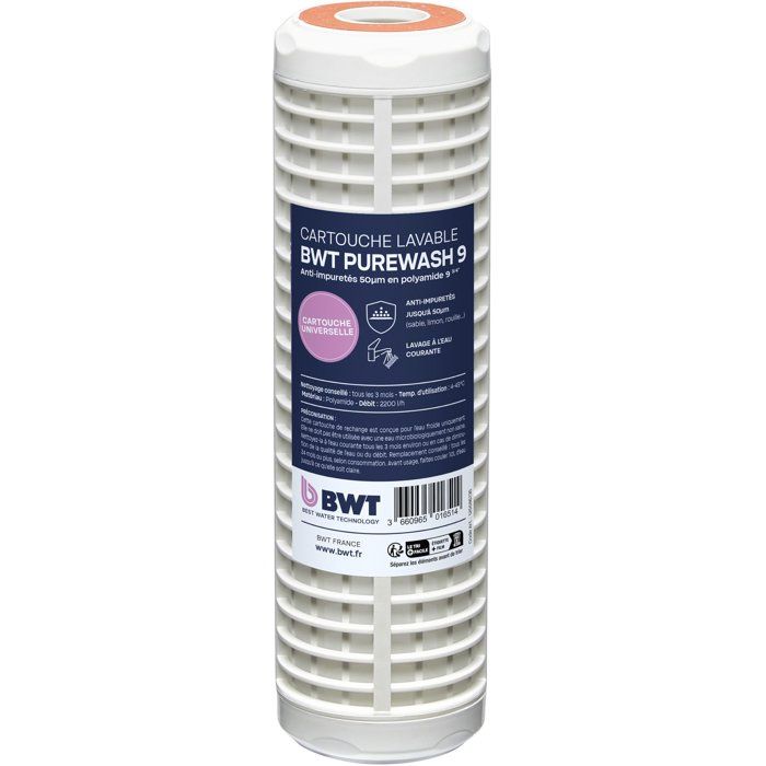 Cartouche lavable - BWT - 50 µm - Préfiltration économique - Retient particules grossières - Nettoyage simple au robinet