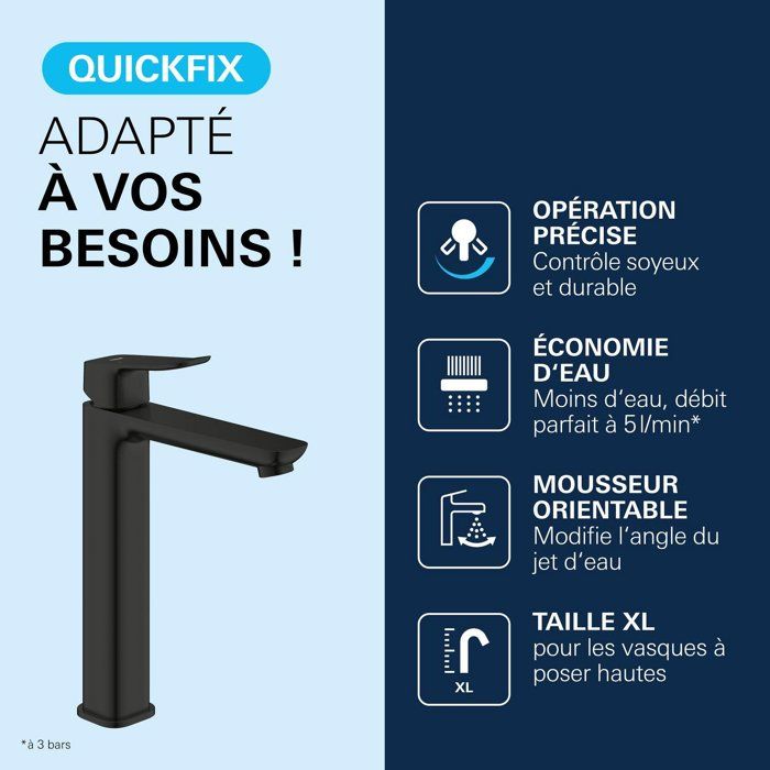 Mitigeur de lavabo - GROHE DICE - Taille XL - Corps lisse sans vidage - Noir mat