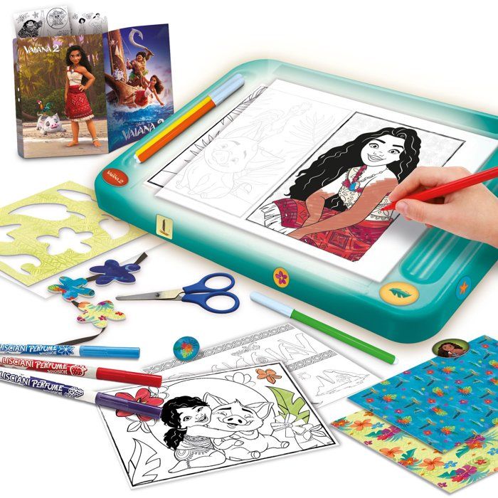 École de dessins avec table lumineuse - Vaiana 2 - LISCIANIGIOCHI - Kit Dessin - Table A4 - Pochoirs & Autocollants - Des 5 ans