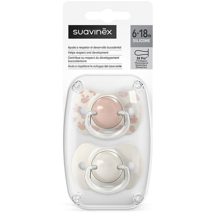 Lot de 2 sucettes symétriques - SUAVINEX - Birdies - SX Pro - 6 a 18 mois - Rose