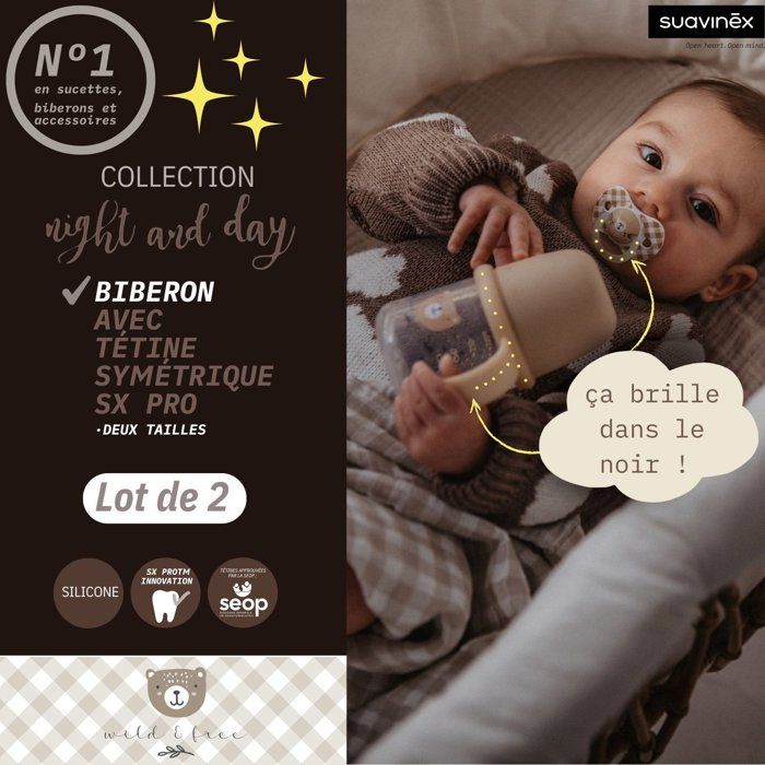 Biberon avec anses - SUAVINEX - NIGHT&DAY WILD&FREE - 150 ml - 6 mois et plus - Gris