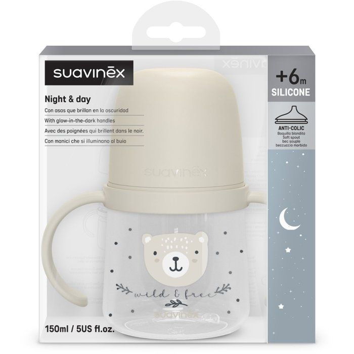 Biberon avec anses - SUAVINEX - NIGHT&DAY WILD&FREE - 150 ml - 6 mois et plus - Gris