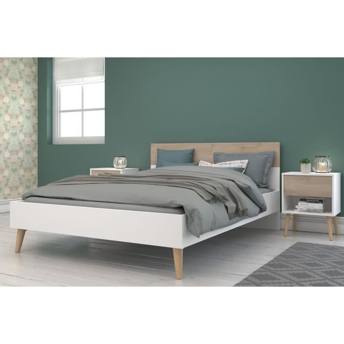 Ensemble Lit 160 x 200 cm + 2 chevets - AALBORG - Scandinave - Blanc / Chene - PARISOT