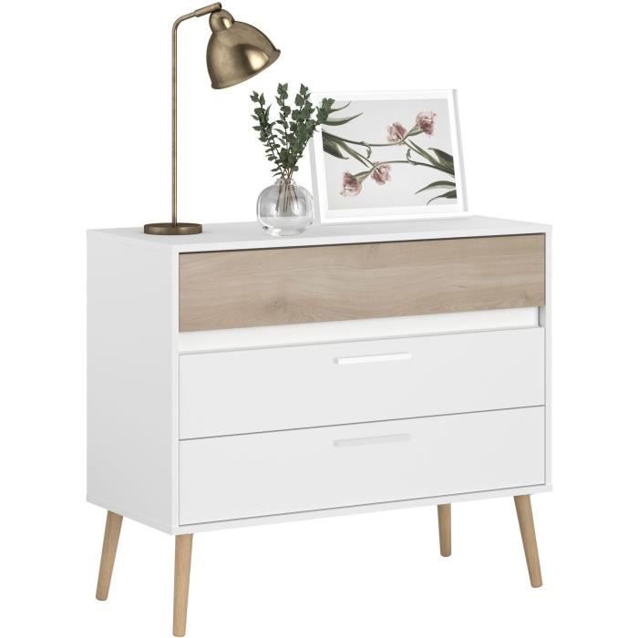 Chambre complete - AALBORG - Scandinave - Blanc / Chene - Lit 160 x 200 cm, 2 chevets, commode, armoire - PARISOT