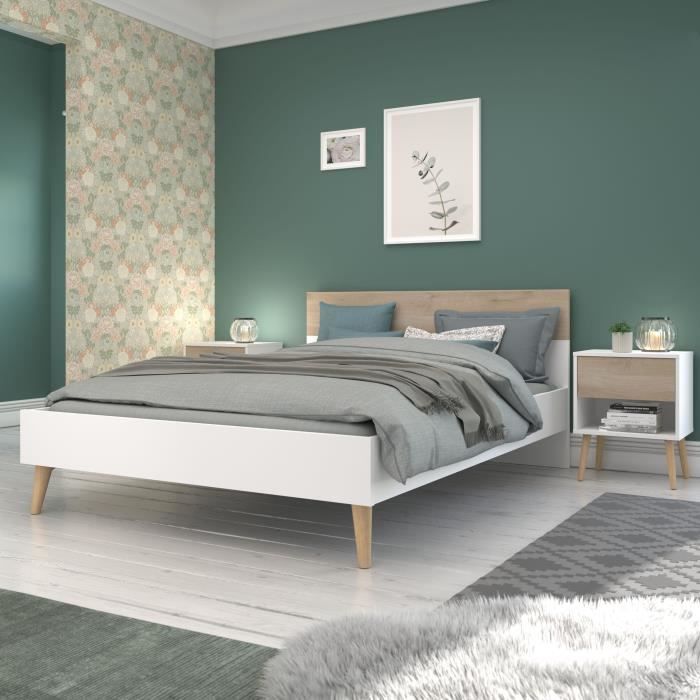 AALBORG Lit adulte 140x190 cm - Style Scandinave - Fabrication Française - Blanc et Chene