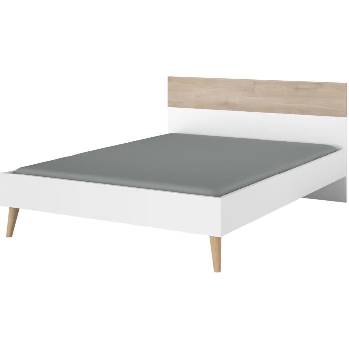 AALBORG Lit adulte 140x190 cm - Style Scandinave - Fabrication Française - Blanc et Chene