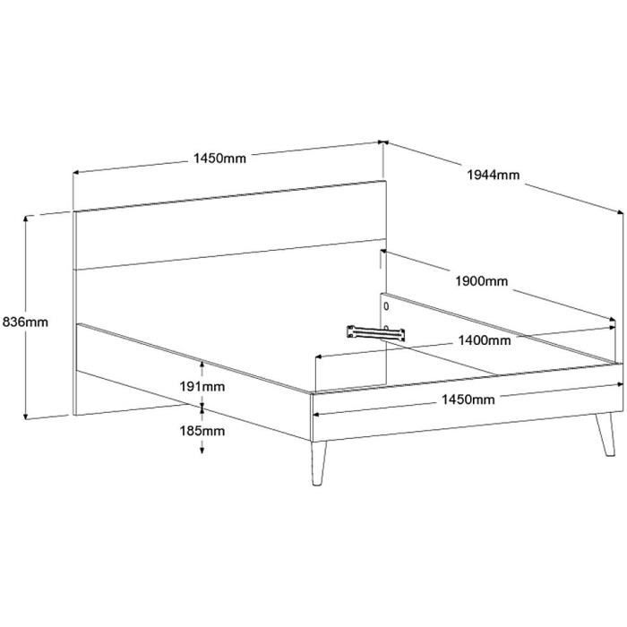 AALBORG Lit adulte 140x190 cm - Style Scandinave - Fabrication Française - Blanc et Chene