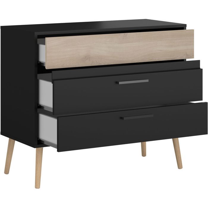 Commode - AALBORG - 3 tiroirs - Décor Noir et chene - Style Scandinave - L90,8 x P39,9 x H77,5 cm - PARISOT