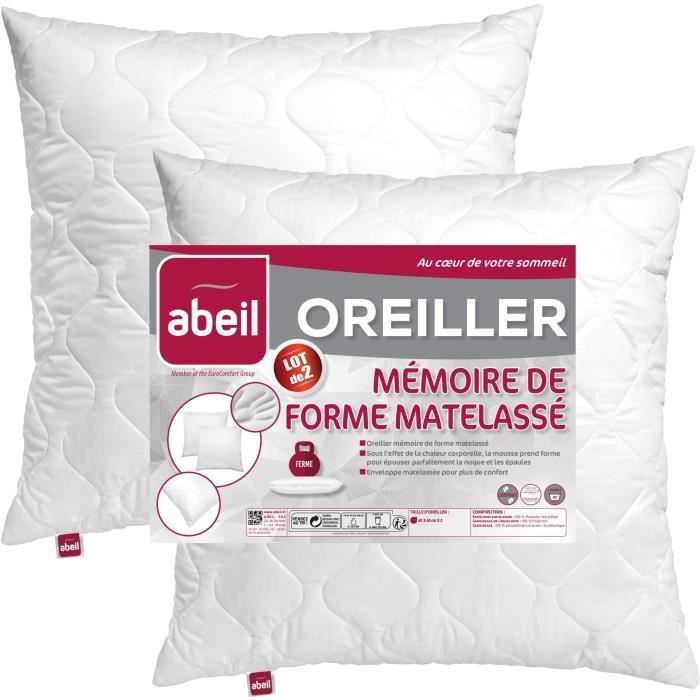 ABEIL Lot de 2 Oreillers a mÈmoire de forme matelassÈs- 60x60 cm - Blanc