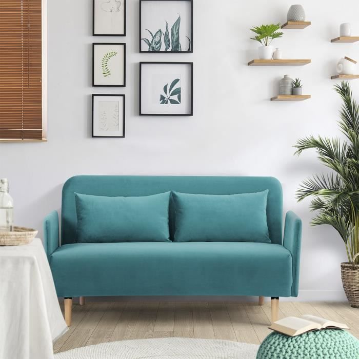 CanapÈ BZ DEPLO 2 places - Tissu bleu canard 140 - L 152 x P 90 x H 81 cm