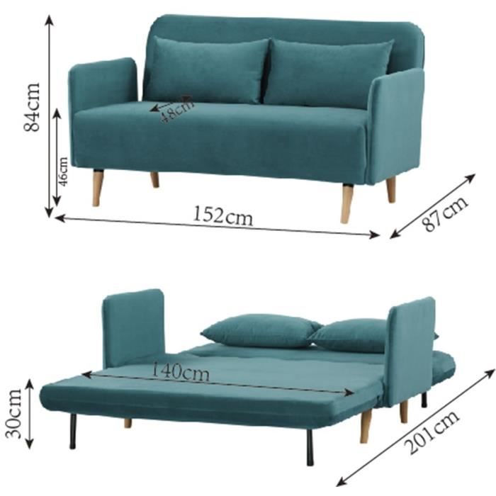 CanapÈ BZ DEPLO 2 places - Tissu bleu canard 140 - L 152 x P 90 x H 81 cm