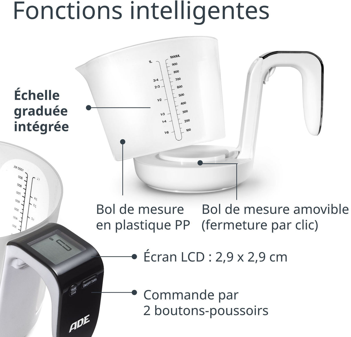 Pichet Gradué/balance - ADE - FRANCA - Verre/Synthétique - 20,7 x 14,6 cm - Inclus 1 pile Cr2032