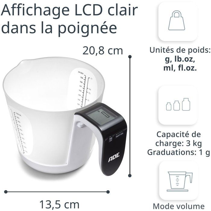 Pichet Gradué/balance - ADE - FRANCA - Verre/Synthétique - 20,7 x 14,6 cm - Inclus 1 pile Cr2032
