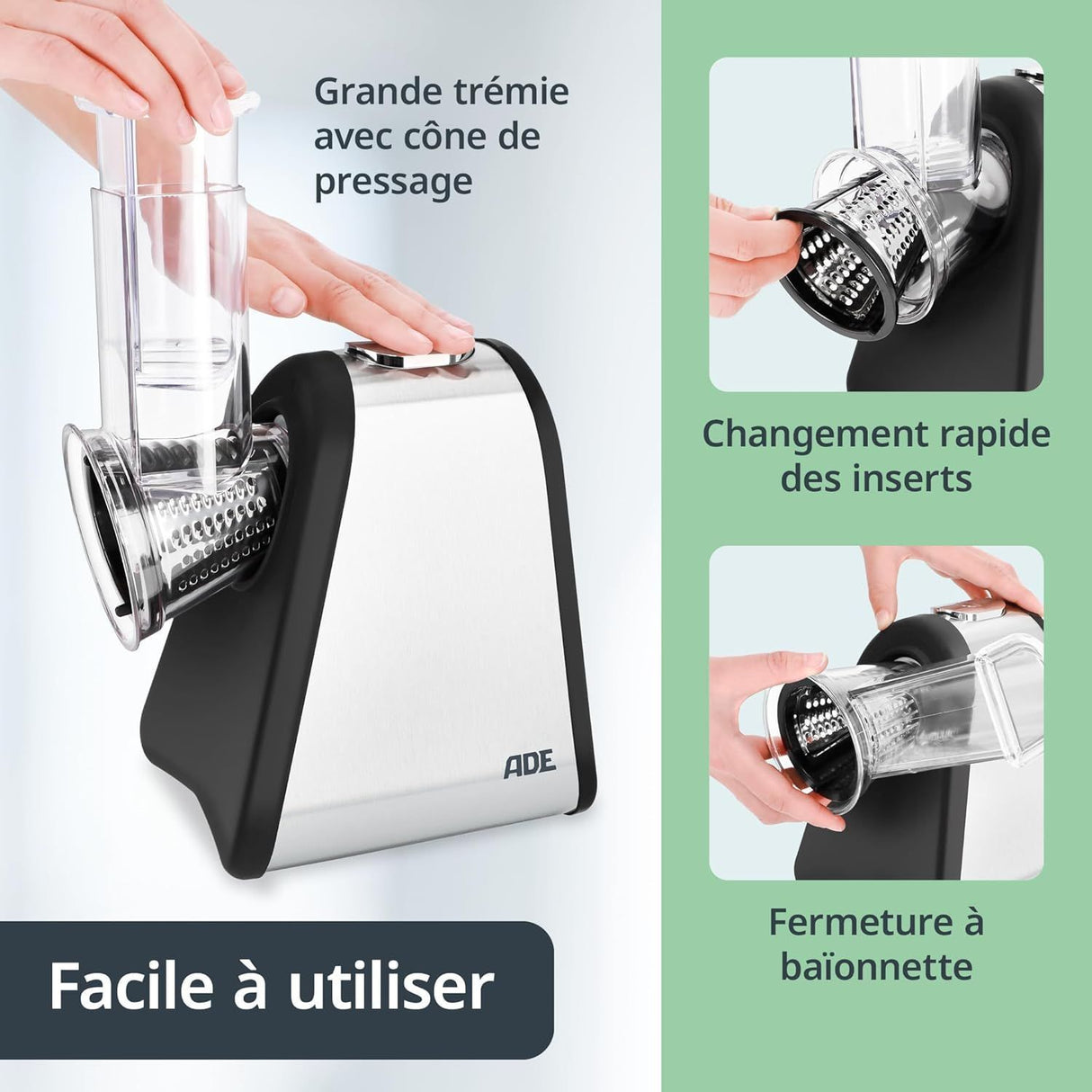Râpe électrique - ADE - KITCHEN GADGETS - 4 types de Râpes - Acier inoxydable/plastique - 29,2 x 21,3 x 25 cm