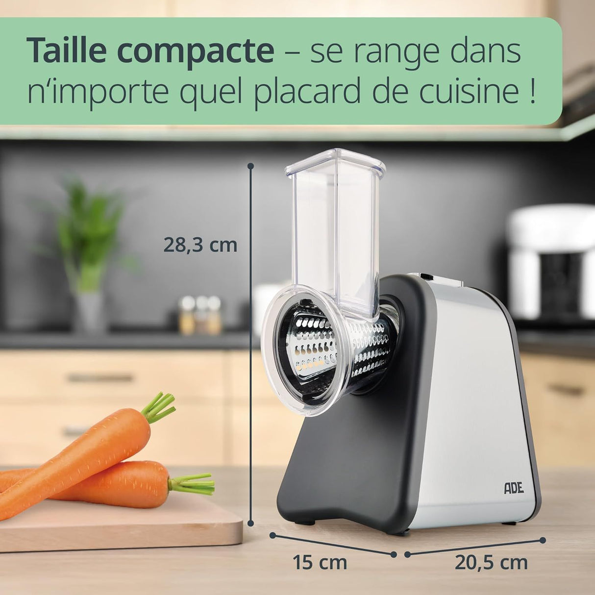 Râpe électrique - ADE - KITCHEN GADGETS - 4 types de Râpes - Acier inoxydable/plastique - 29,2 x 21,3 x 25 cm