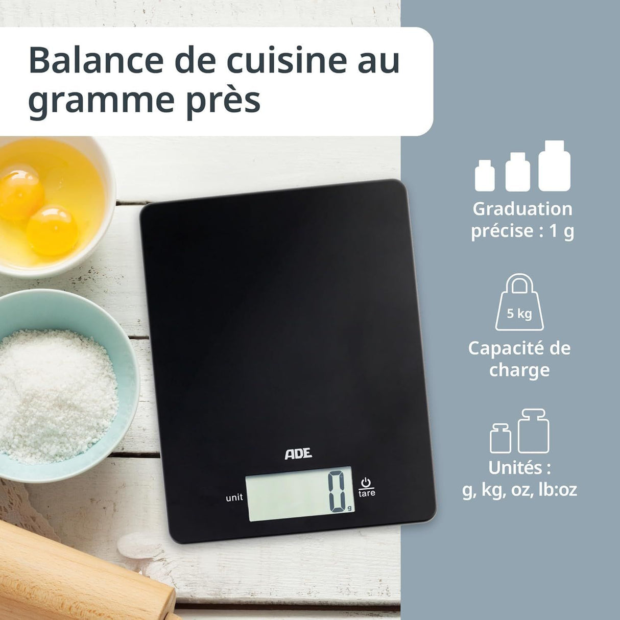 Balance de cuisine digitale - ADE - LEONIE - Plastique ABS - 22 x 17 cm - Inclus 1 pile Cr 2032 - Noir