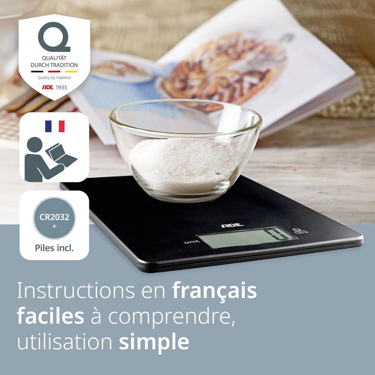 Balance de cuisine digitale - ADE - LEONIE - Plastique ABS - 22 x 17 cm - Inclus 1 pile Cr 2032 - Noir