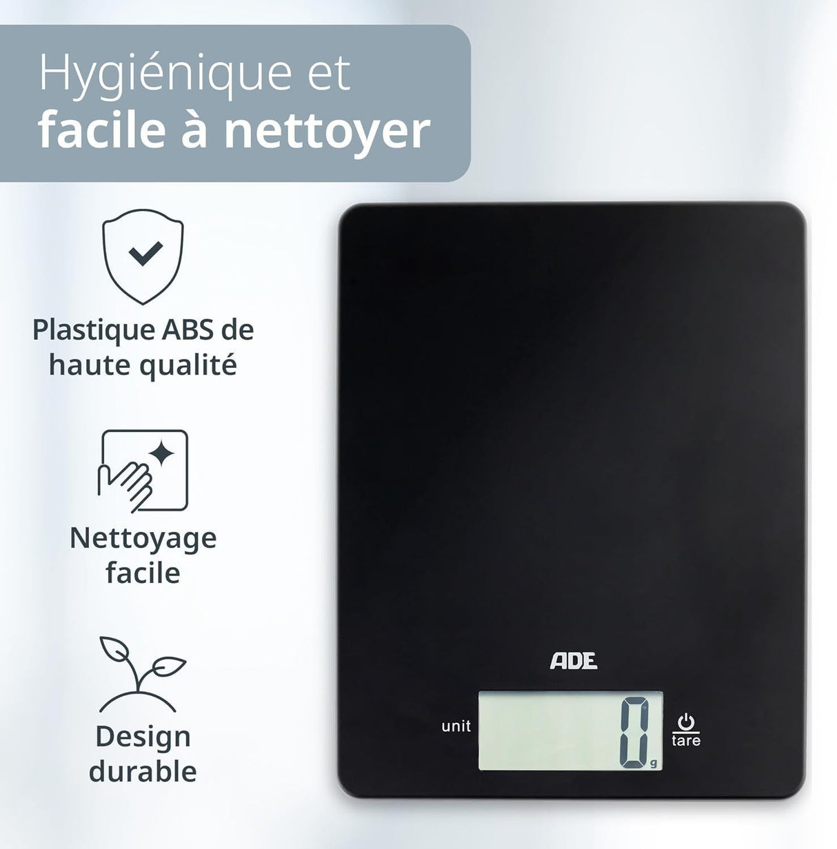 Balance de cuisine digitale - ADE - LEONIE - Plastique ABS - 22 x 17 cm - Inclus 1 pile Cr 2032 - Noir