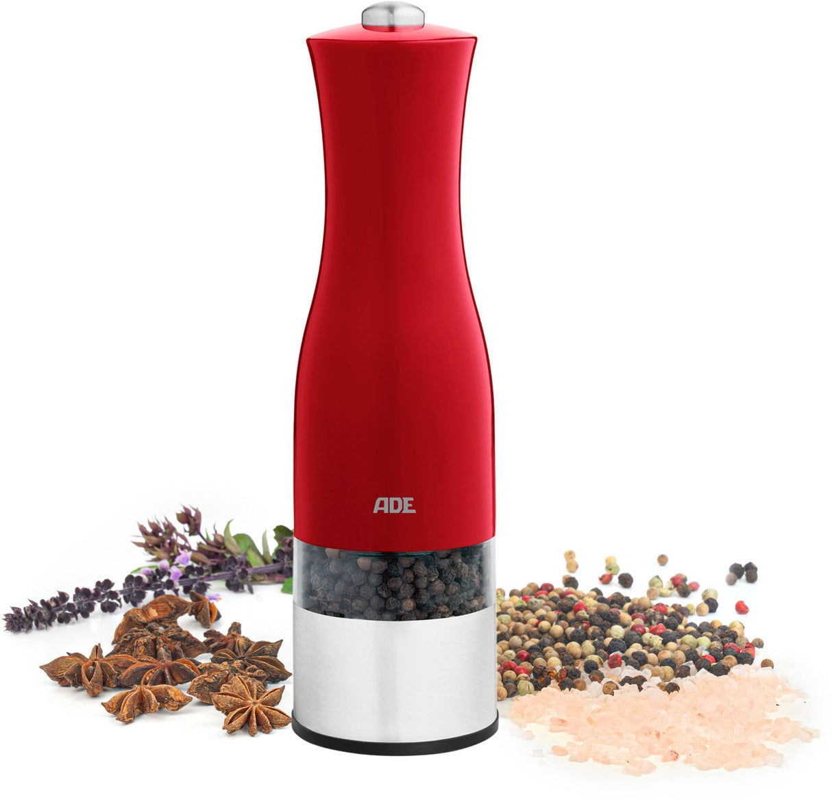 Moulin Poivre/Sel électrique - ADE -KITCHEN GADGETS - Acier inoxydable/plastique - H 22,5 cm - Inclus 6 pilles AAA - Rouge