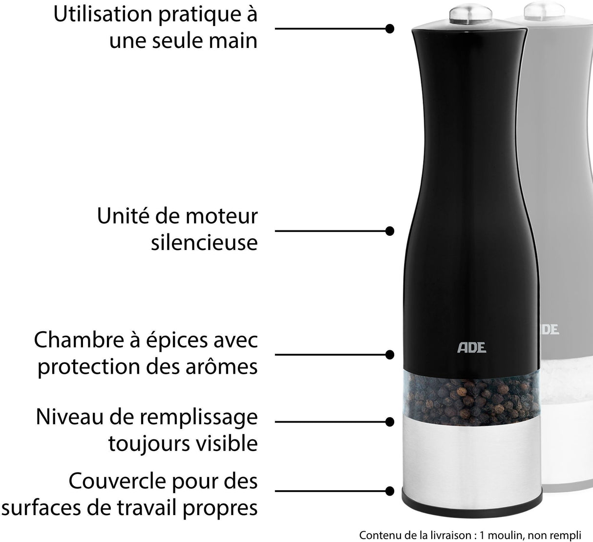 Moulin Poivre/Sel électrique - ADE -KITCHEN GADGETS - Acier inoxydable/plastique - H 22,5 cm - Inclus 6 pilles AAA - Noir