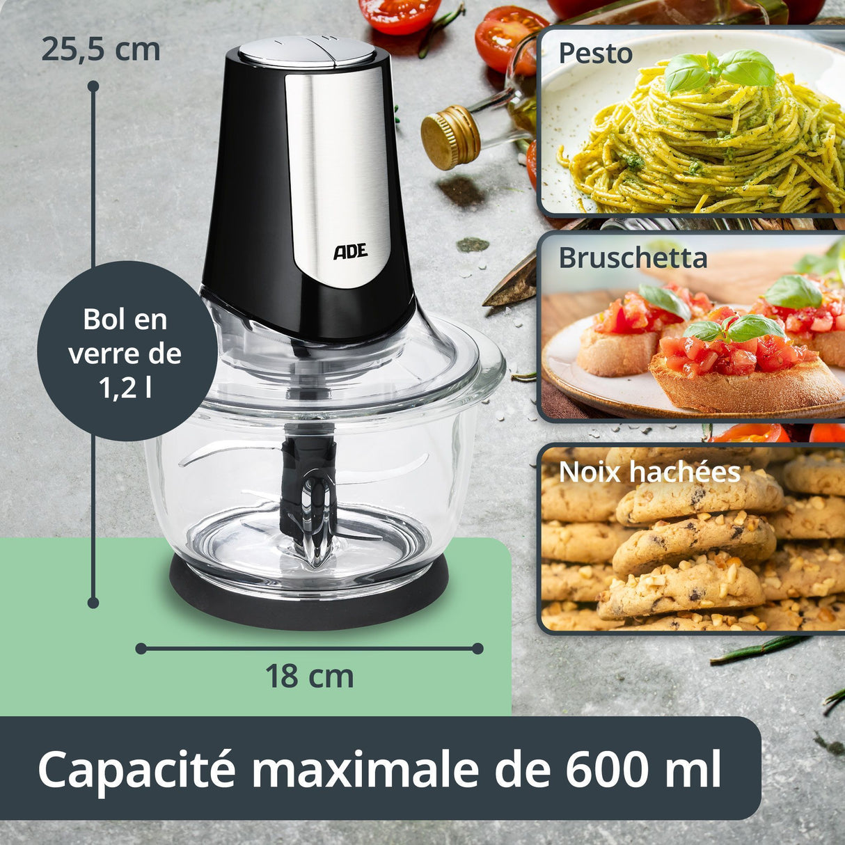 Hachoir Multi électrique - ADE - KITCHEN GADGETS - 2 vitesses - 1,2 L - Noir / Inox
