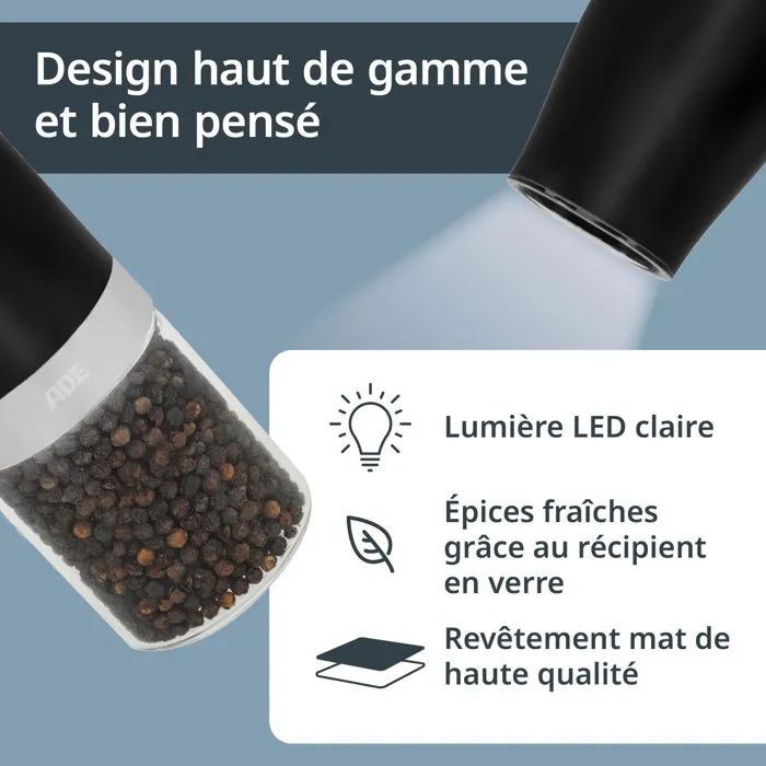 Lot de 2 Moulins ťlectrique - ADE - MILL - Verre/Synthťtique - H 18,3 cm - Noir & Blanc